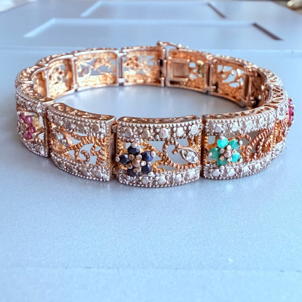 Emerald Sapphire Ruby 18K Vermeil Filigree Panel Sterling Silver 925 Bracelet